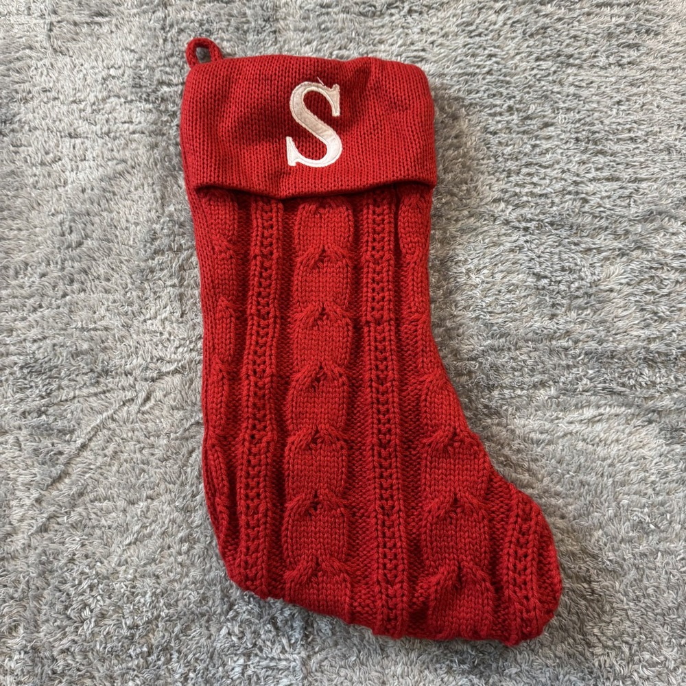 16" Red Knit Christmas Stocking Letter S Monogram Cozy Fireplace Mantle Decor